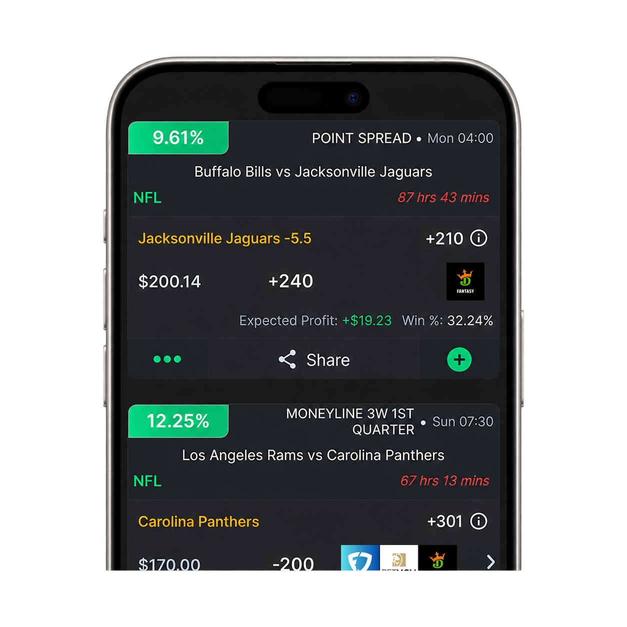 WagerWise positive EV software showing US sportsbook opportunities and American sports markets
